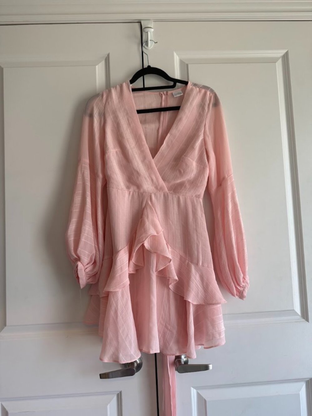 Selfie Leslie Pale Pink Wrap Ruffle Mini Dress